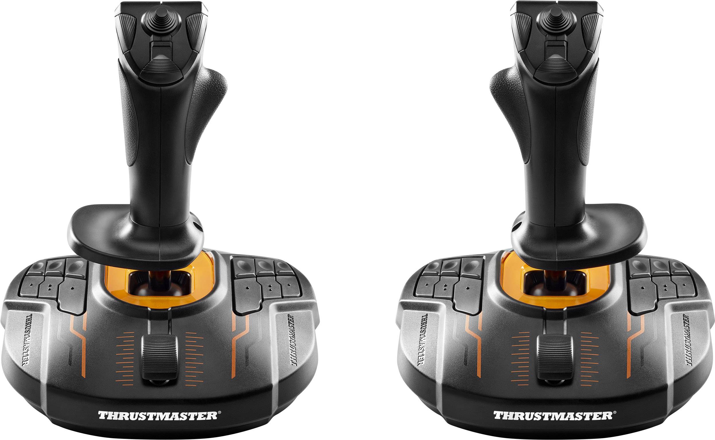 Zwei identische schwarze Joysticks mit orangenen Akzenten, jeweils mit mehreren Tasten und einem Throttle-Regler, stehen nebeneinander.