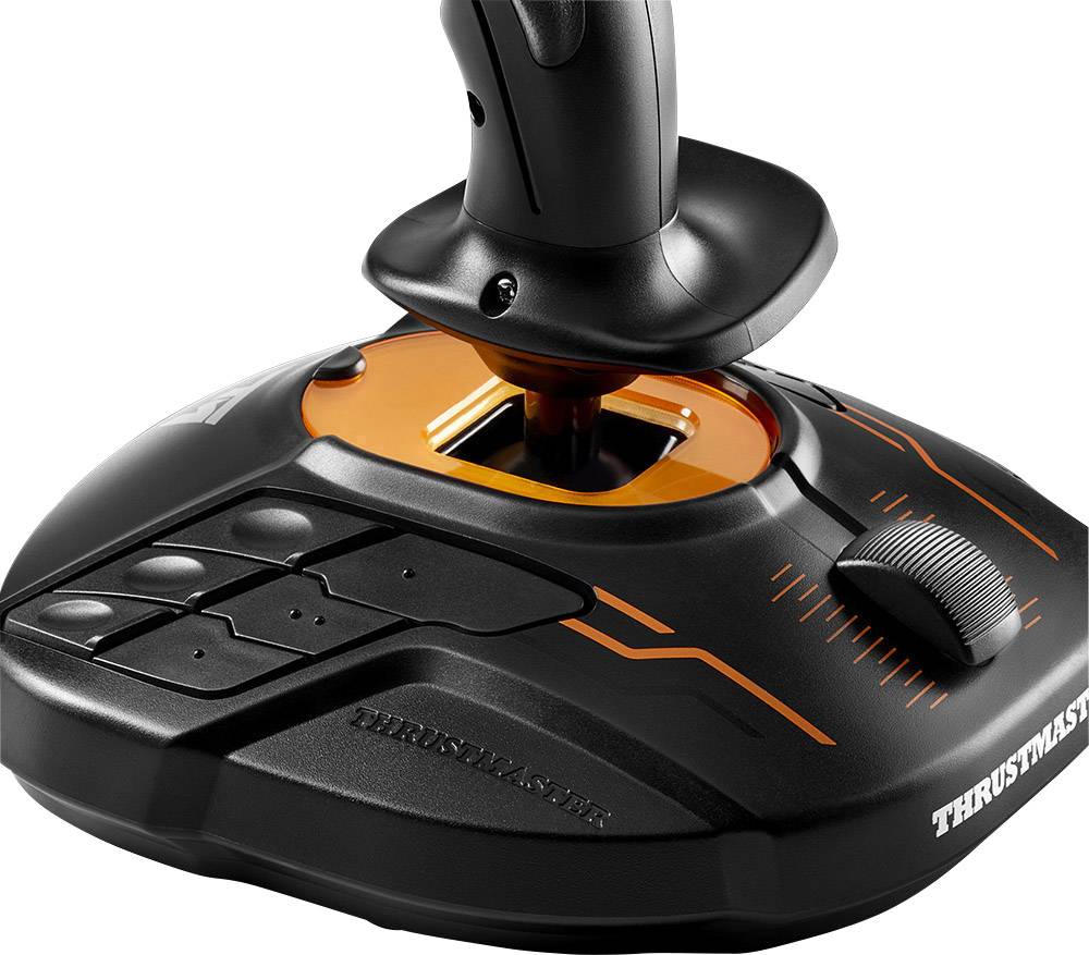 Ein schwarzer Joystick mit orangefarbenen Akzenten, mehreren Knöpfen und einem Griff für Computerspiele oder Simulationen.