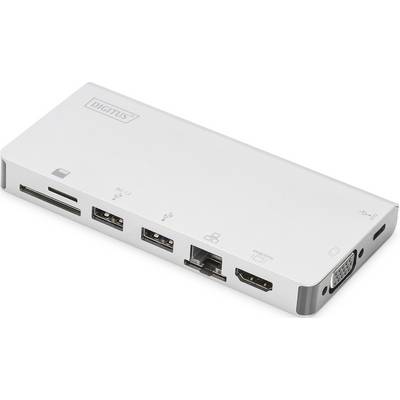 Weißer USB-C-Docking-Adapter mit Anschlüssen: HDMI, VGA, Ethernet, USB und SD-Kartenleser, ideal für Laptops.