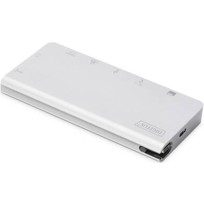 Silberne Digitus-Dockingstation mit Anschlüssen für USB, HDMI und Ethernet, ideal zur Erweiterung von Laptop-Konnektivität.