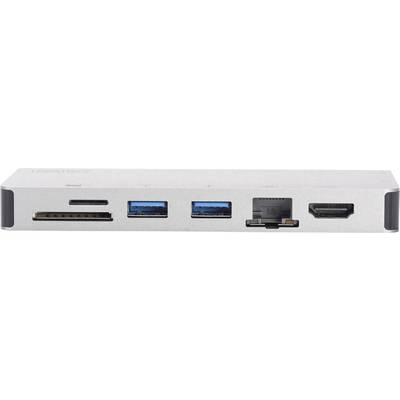 Ein silberner USB-C-Hub mit Anschlüssen: zwei USB 3.0, HDMI, Ethernet, SD-Kartenleser und microSD-Steckplatz, auf weißem Hintergrund.