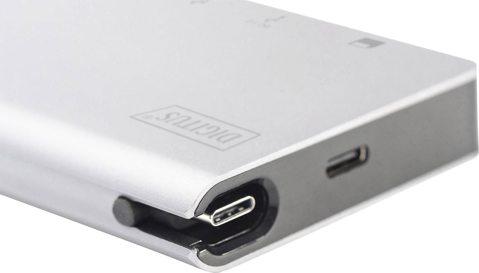 Silberne tragbare Festplatte mit USB-C-Anschluss, liegend, zeigt Markenlogo.