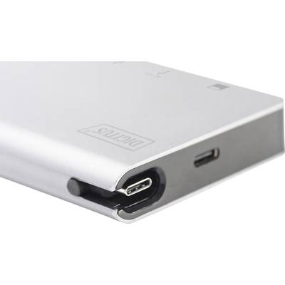 Silberne tragbare Festplatte mit USB-C-Anschluss, liegend, zeigt Markenlogo.