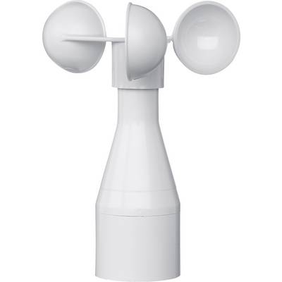 Ein weißer Anemometer mit drei rotierenden Schalen zur Messung der Windgeschwindigkeit.