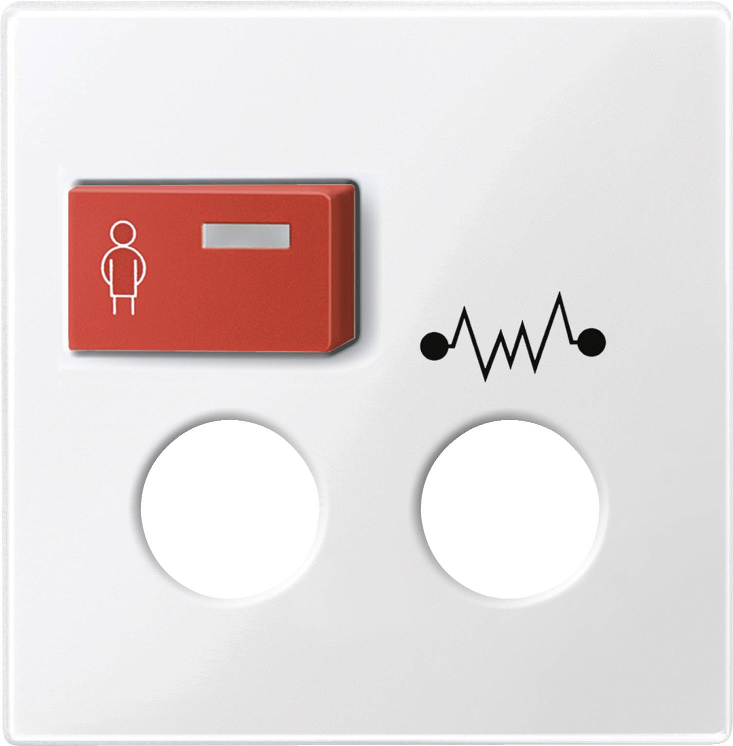 Ein roter Schalter mit einem stilisierten Personen-Symbol, daneben ein Wellensymbol. Darunter zwei runde, leere Öffnungen auf weißem Hintergrund.