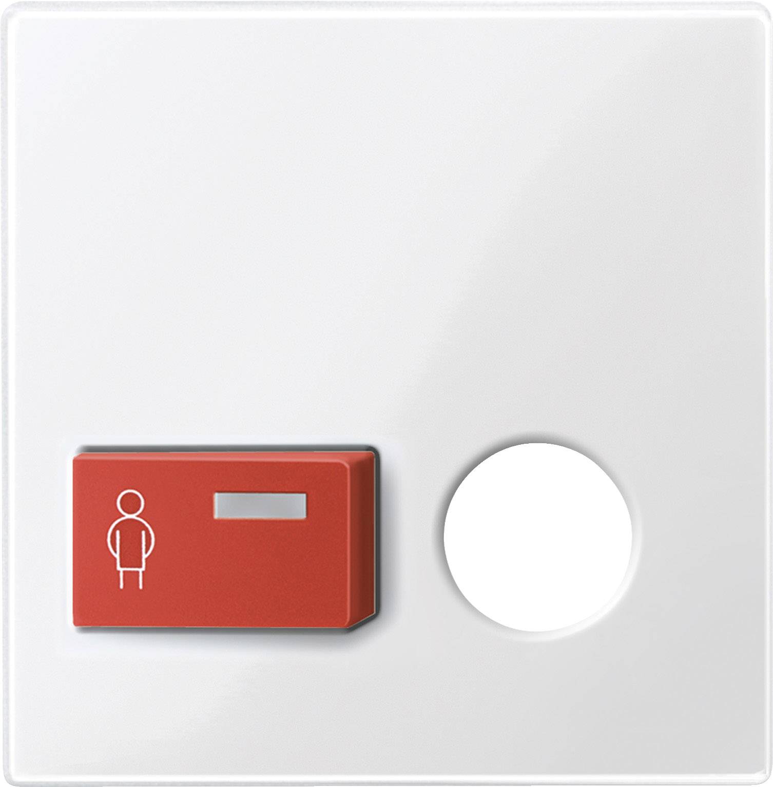 Roter Schalter mit einem Symbol für Person, neben einer weißen runden Auslassung auf einer weißen Platte.
