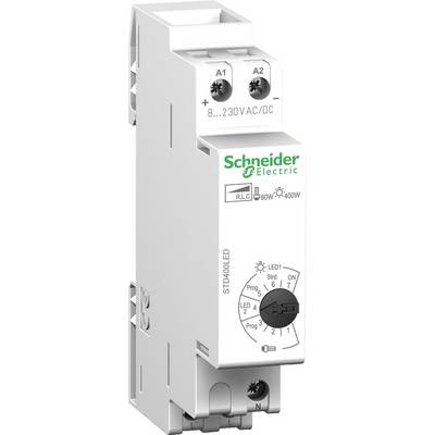 Elektrisches Relais von Schneider Electric, Modell RV0 80W/400W, mit einstellbarem Drehschalter und AC/DC Anschlussklemmen.