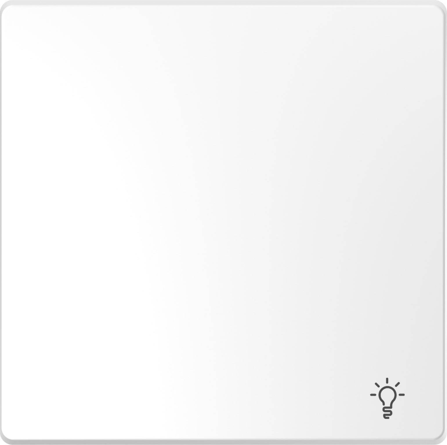 Ein weißes Quadrat mit abgerundeten Ecken und einem kleinen Glühbirnen-Symbol unten rechts. Minimalistisches Design.
