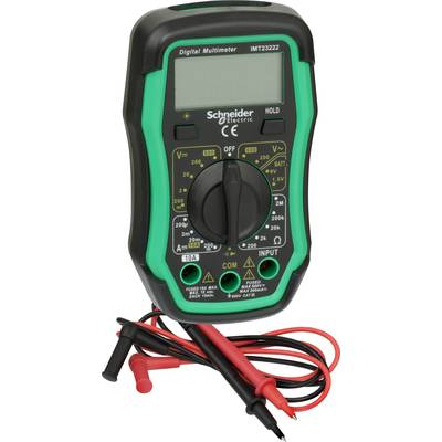 Digitales Multimeter mit grünem und schwarzem Gehäuse. Mit Wählscheibe für verschiedene Messungen und zwei Prüfspitzen.