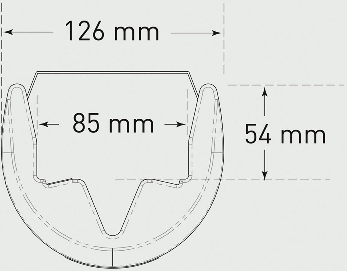 Technische Zeichnung eines halbrunden Objekts; Breite 126 mm, Höhe 54 mm, Innenbreite 85 mm.