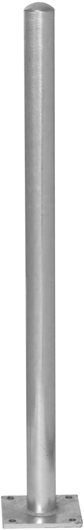Silberner Metallpfosten mit quadratischer Basis. Steht vertikal zur Befestigung oder Abgrenzung. Используется в строительстве oder Sicherheitsanwendungen.