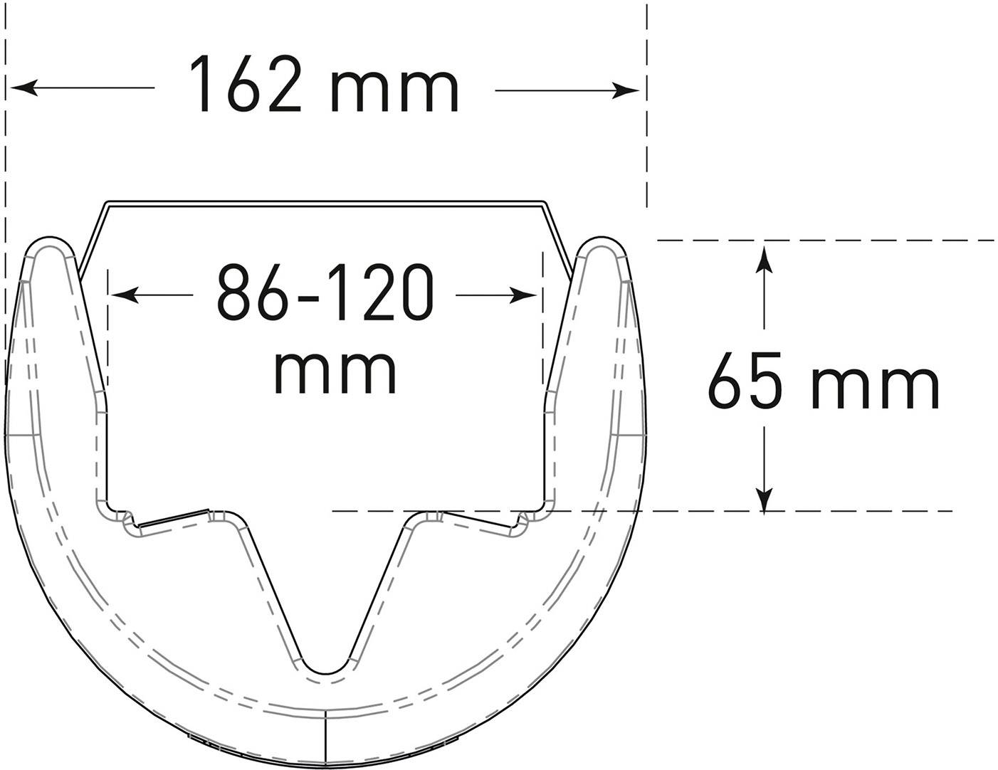 Technische Zeichnung eines U-förmigen Objekts mit den Maßen: Breite 162 mm, Innenbreite 86-120 mm, Höhe 65 mm.