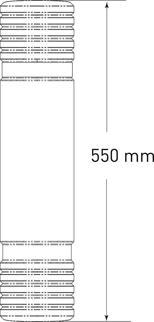 Zeichnung eines zylindrischen Objekts mit gerillten Enden; Höhe beträgt 550 mm, dargestellt durch einen Doppelpfeil rechts.