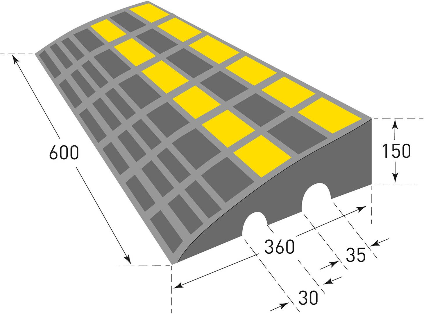 Grafik eines Verkehrsschwellenprofils mit den Maßen: 600 mm Länge, 150 mm Höhe, 360 mm Basisbreite. Grau mit gelben Quadraten.