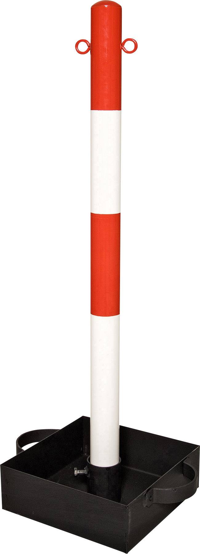 Ein rot-weiß gestreifter Pfosten steht in einem schwarzen quadratischen Sockel, der als Verkehrssperre dient.