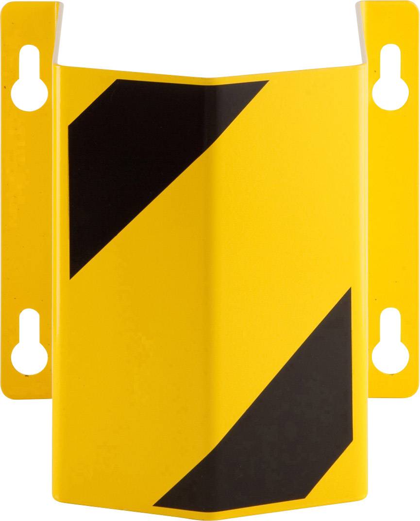 Gelbes Schutzblech mit schwarzen diagonalen Streifen. Es hat seitliche Halterungen mit Löchern zur Befestigung.