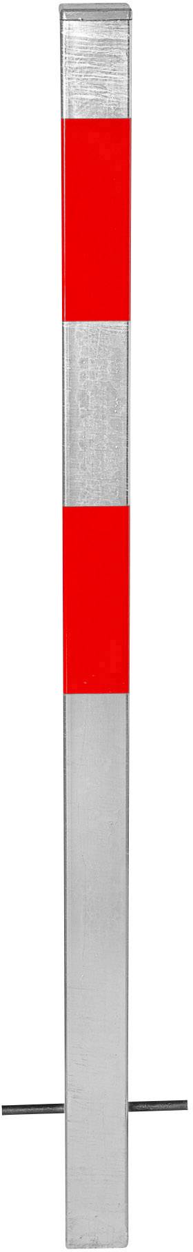 Metallpfosten mit roten reflektierenden Streifen, aufgestellt zur Kennzeichnung von Verkehrsflächen oder Gefahrenstellen.