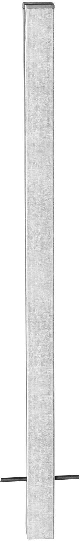 Metallpfosten mit quadratischem Profil, silberne Oberfläche, aufrecht stehend.
