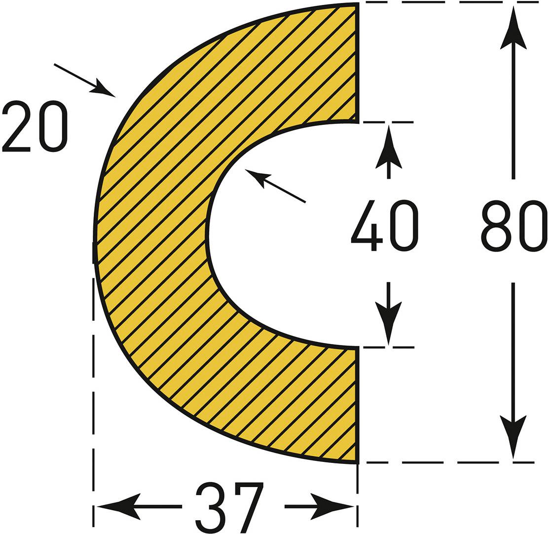 Diagramm einer gebogenen Form mit gestrichelter Schraffur. Maße: Gesamthöhe 80, Breite 40, Innenradius 20, Außenabstand 37.