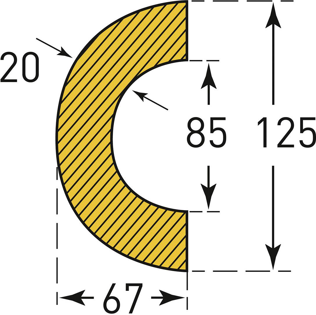 Diagramm zeigt einen gelben, halbkreisförmigen Abschnitt mit Abmessungen: 125 Höhe, 85 Breite innen, 67 Breite außen, 20 Dicke.