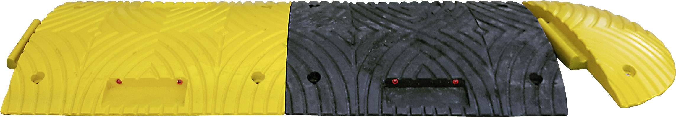Gelb-schwarze Bodenschwelle aus Kunststoff zur Geschwindigkeitskontrolle auf Straßen.