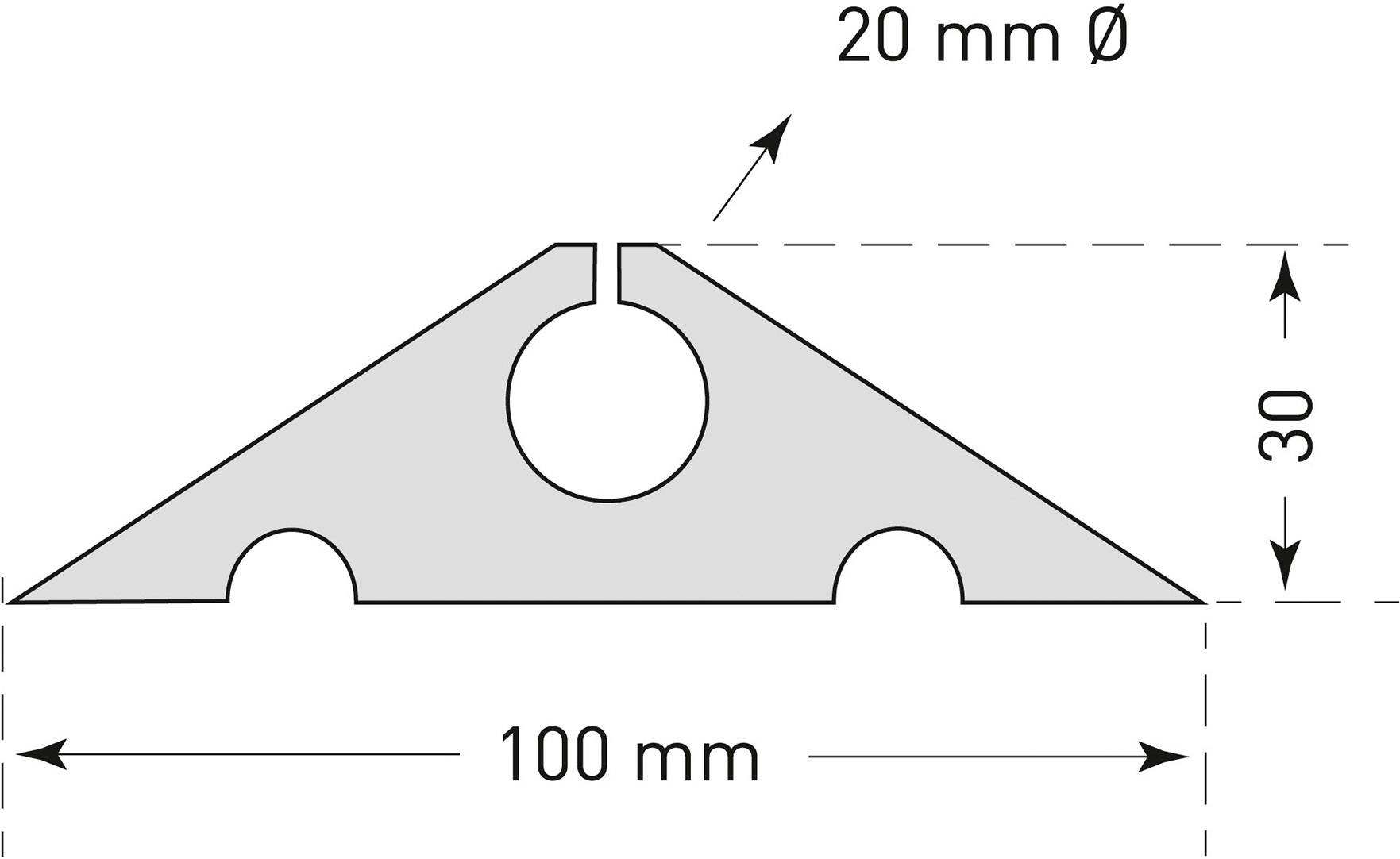 Technische Zeichnung eines trapezförmigen Profils mit einem Durchmesserloch von 20 mm. Höhe 30 mm, Breite 100 mm.