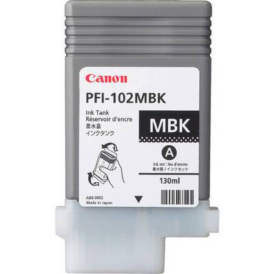 Grauer Tintentank für Canon Drucker, Modell PFI-102MBK, mit 130ml Kapazität. Enthält matte schwarze Tinte; 'Made in Japan'.