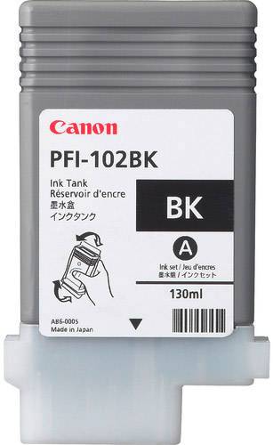 Canon PFI-102BK Tintenpatrone in Schwarz, 130ml. Geeignet für professionelle Drucker. Aufdruck auf Japanisch, Englisch und Französisch.