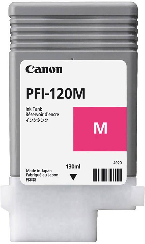 Graue Tintenpatrone von Canon, Modell PFI-120M, mit rosafarbenem Etikett und einem Fassungsvermögen von 130 ml für Drucker.
