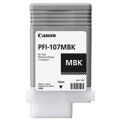 Grauer Tintenbehälter von Canon mit der Aufschrift 'PFI-107MBK'. Kapazität: 130ml. Made in Japan.