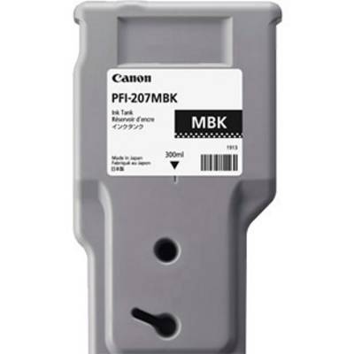 Grauer Tintentank 'Canon PFI-207MBK', mit Aufschrift '300ml', für Drucker. Made in Japan.
