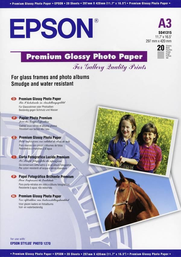 Epson Premium Glossy Paper A3 C13S041315 Fotopapier DIN A3  20 Blatt Glänzend