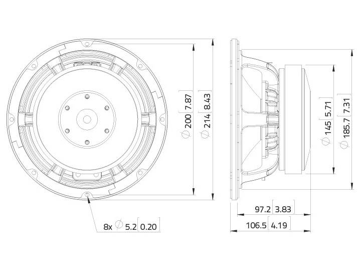 Technische Zeichnung eines Lautsprechers mit Abmessungen: Durchmesser 200 mm, Tiefe 145 mm, Befestigungsloch 5,2 mm. Seiten- und Vorderansicht.