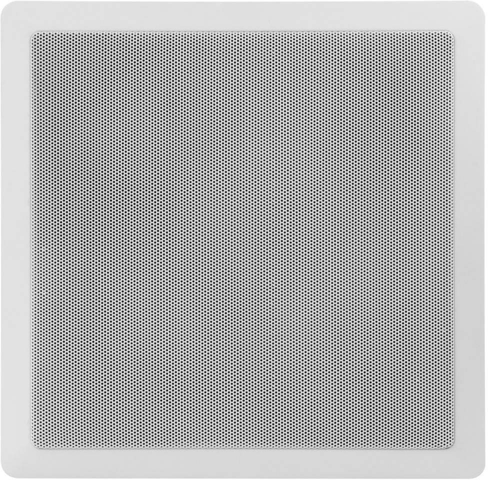 Quadratischer weißer Lautsprecher mit kleiner perforierter Abdeckung auf einer ebenen Fläche.