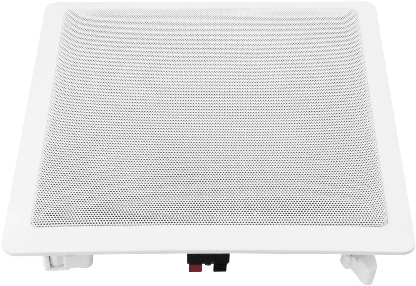 Weißer Lautsprecher, quadratisch, mit feinem Metallgitter an der Vorderseite. Eignet sich für Deckenmontage.