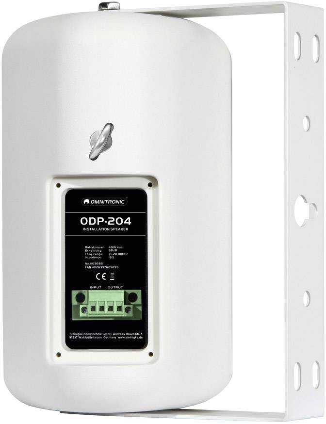 Ein weißer Installationslautsprecher von Omnitronic, Modell ODP-204, mit Montagehalterung und Anschlüssen auf der Rückseite.