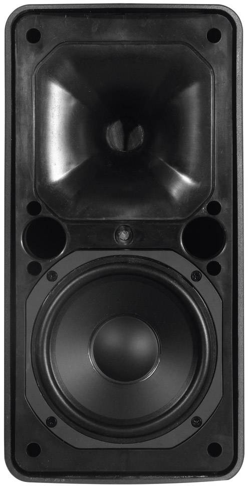 Ein schwarzer Lautsprecher mit sichtbarem Tieftöner und Hochtöner, quadratische Form, zwei kleinen Bassöffnungen.