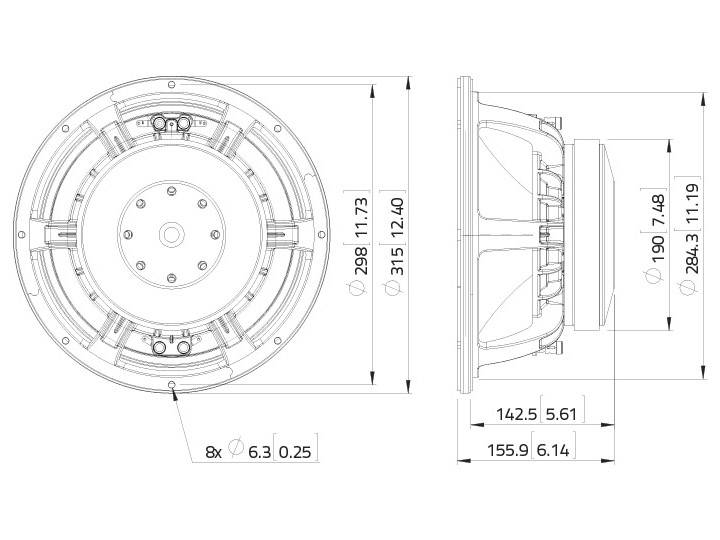 Zeichnung eines Lautsprechers mit Draufsicht und Seitenansicht. Durchmesser: 315 mm, Tiefe: 155,9 mm. Details der Befestigungslöcher angegeben.
