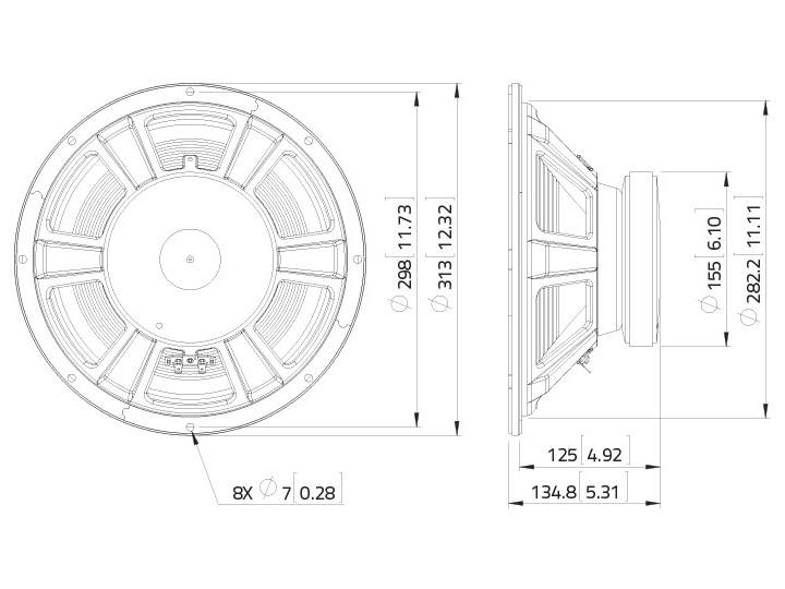 Technische Zeichnung eines kreisförmigen Lautsprechers in Vorder- und Seitenansicht, mit genauen Abmessungen und Beschriftungen.