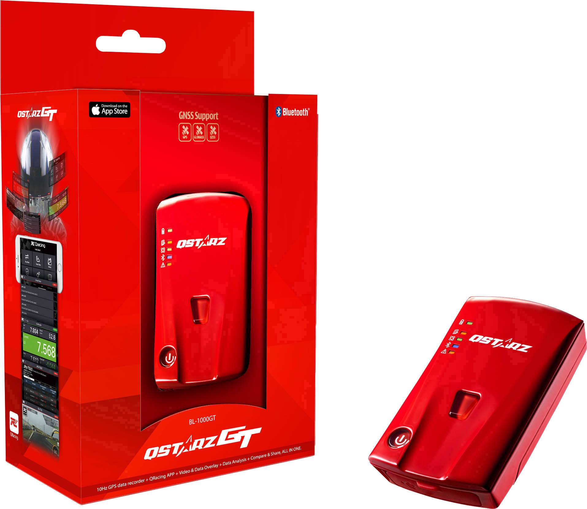 Rote Verpackung eines GPS-Empfängers mit der Aufschrift 'Qstarz GT'. Das Gerät ist daneben abgebildet. Unterstützt GNSS und Bluetooth.