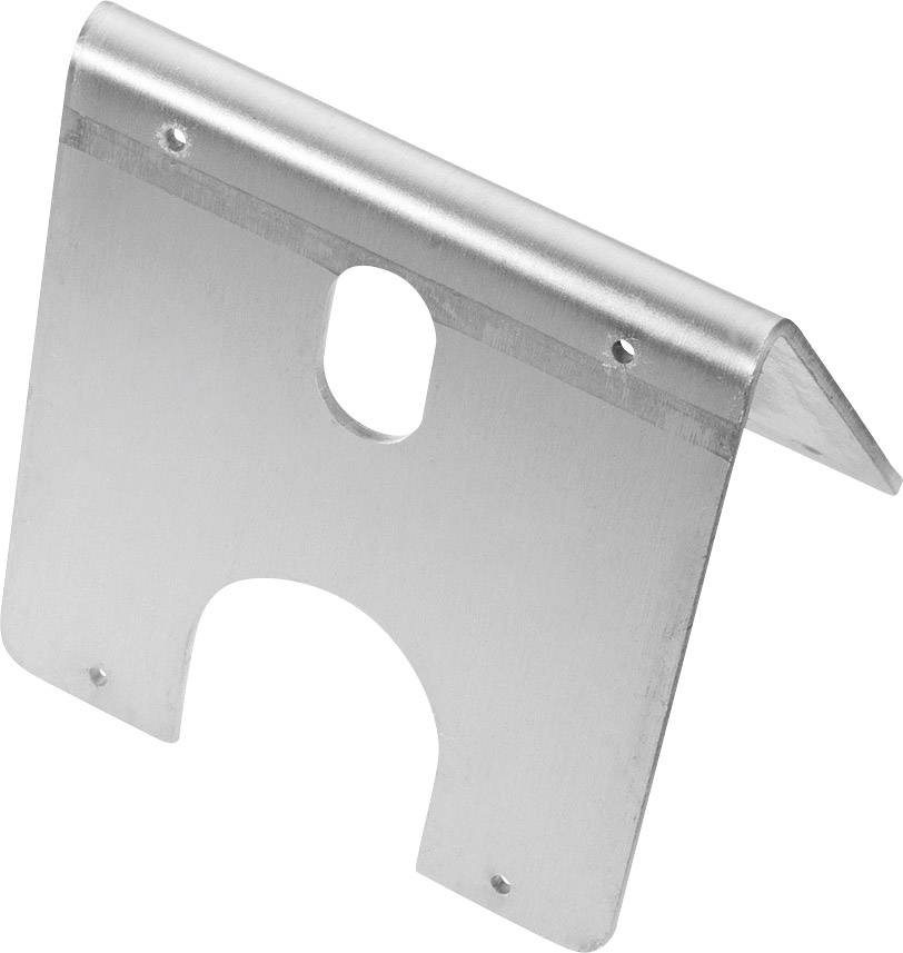 Metallischer Wandhalter mit abgewinkelten Kanten und Bohrungen zur Befestigung. Geeignet für die Montage von Geräten oder Schildern.