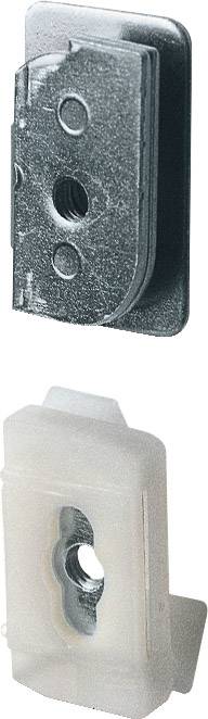 Zwei Clips, einer aus Metall oben, der andere aus Kunststoff unten, nebeneinander dargestellt. Sie dienen als Halterungen oder Befestigungselemente.