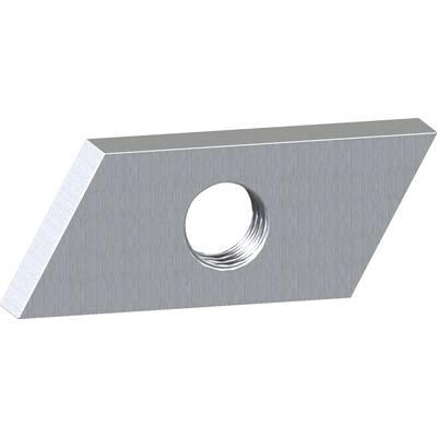Ein metallisches Bauteil in trapezförmiger Form mit einem zentralen Loch für Befestigungszwecke.