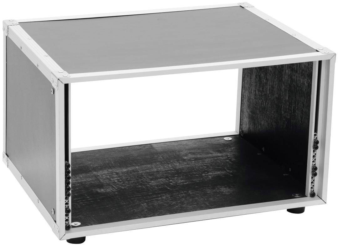 Ein schwarzes, rechteckiges Regalgestell aus Holz und Metall mit offenem Vorderteil, geeignet zur Aufbewahrung von Elektronikgeräten.