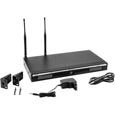 Ein schwarzes drahtloses Mikrofonempfängersystem mit zwei Antennen, Montagematerial, Netzkabel und Adapter.