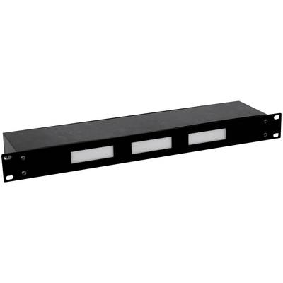 Ein schwarzes 19-Zoll-Rack-Panel mit drei rechteckigen, leuchtenden Displays. Geeignet für die Platzierung in einem Server-Rack.