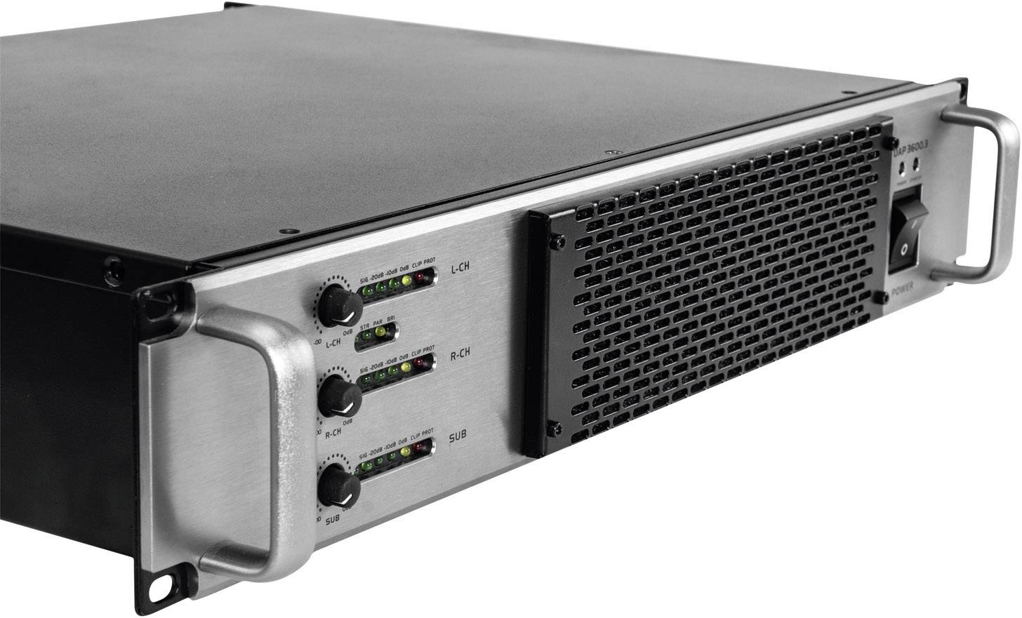 Ein serverartiges Gerät mit mehreren Bedienelementen und Anzeigelichtern auf der Vorderseite, möglicherweise ein Verstärker.