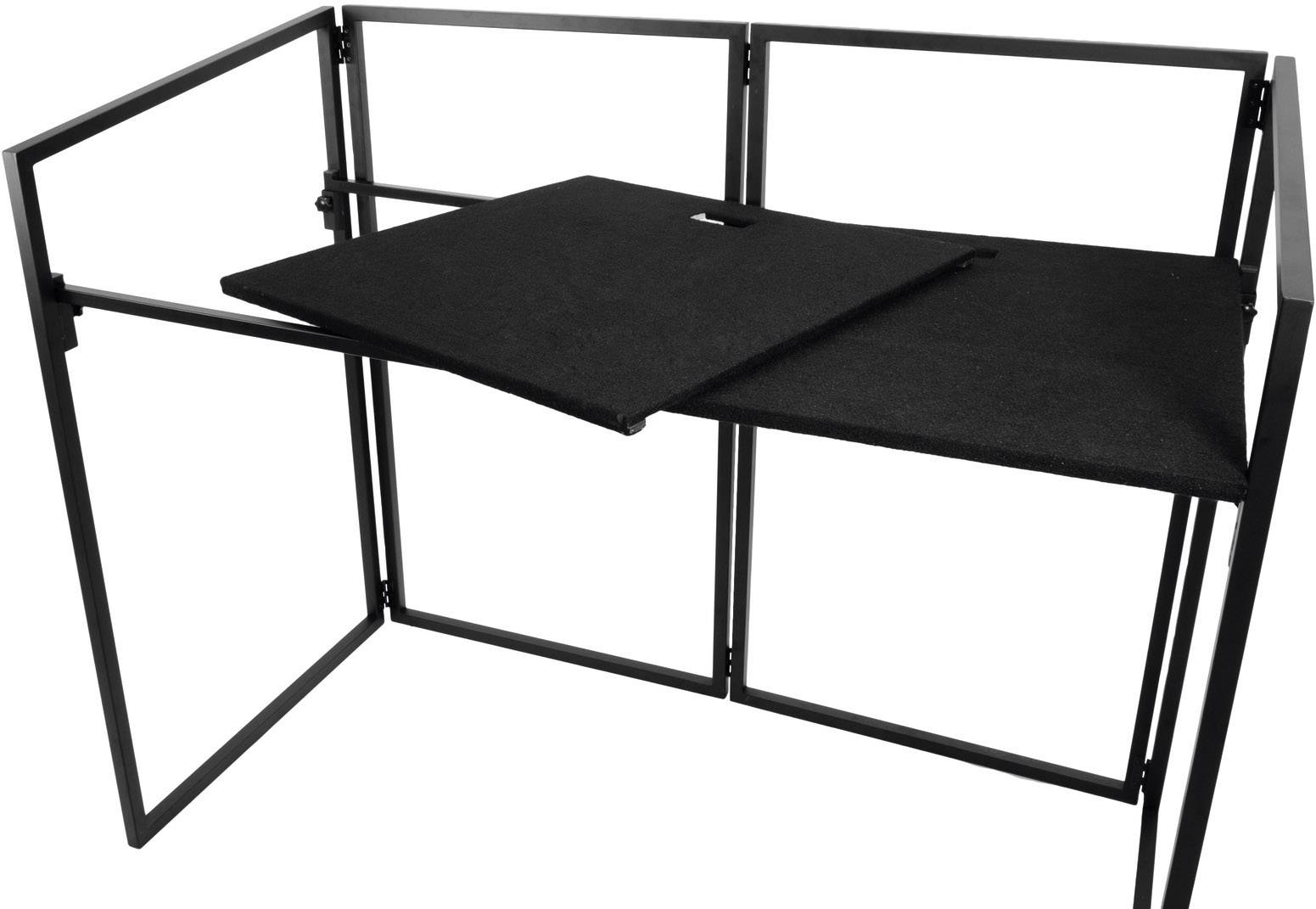 Schwarzer DJ-Tisch mit Metallrahmen, zusammenklappbar, mit zwei Ebenen. Ideal zum Aufstellen von DJ-Equipment.