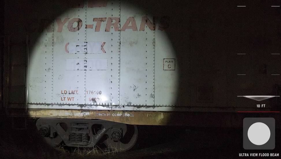 Ein Scheinwerfer beleuchtet seitlich einen Güterzugwagen mit der Aufschrift 'LEO-TRANS'. Das Bild zeigt ein Fahrwerk im Vordergrund.
