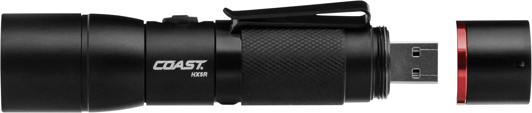 Eine schwarze Taschenlampe mit USB-Anschluss, seitlich liegend mit einem roten Rand am Ende.